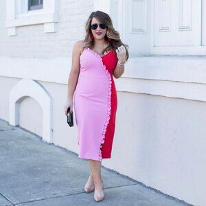 Bardot Sherbet Bomb Colorblock Midi Slip Dress Sheath Party Pink Red 6